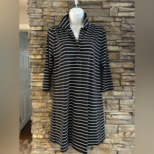 WOMENS LANDS END BLACK WHITE Stripe 3/4 SLEEVE POLO SHIRT DRESS M